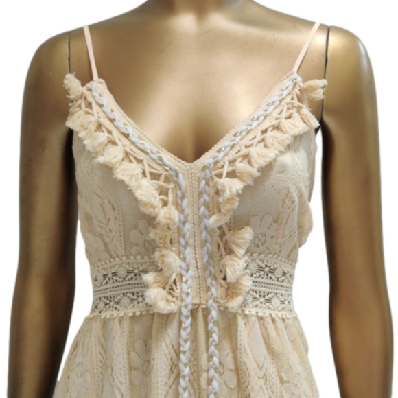 Women's Cream Floral Lace Hi-Low Dress Casual Boho Flowy Tassel Tahitian Dress - Picture 8 of 11